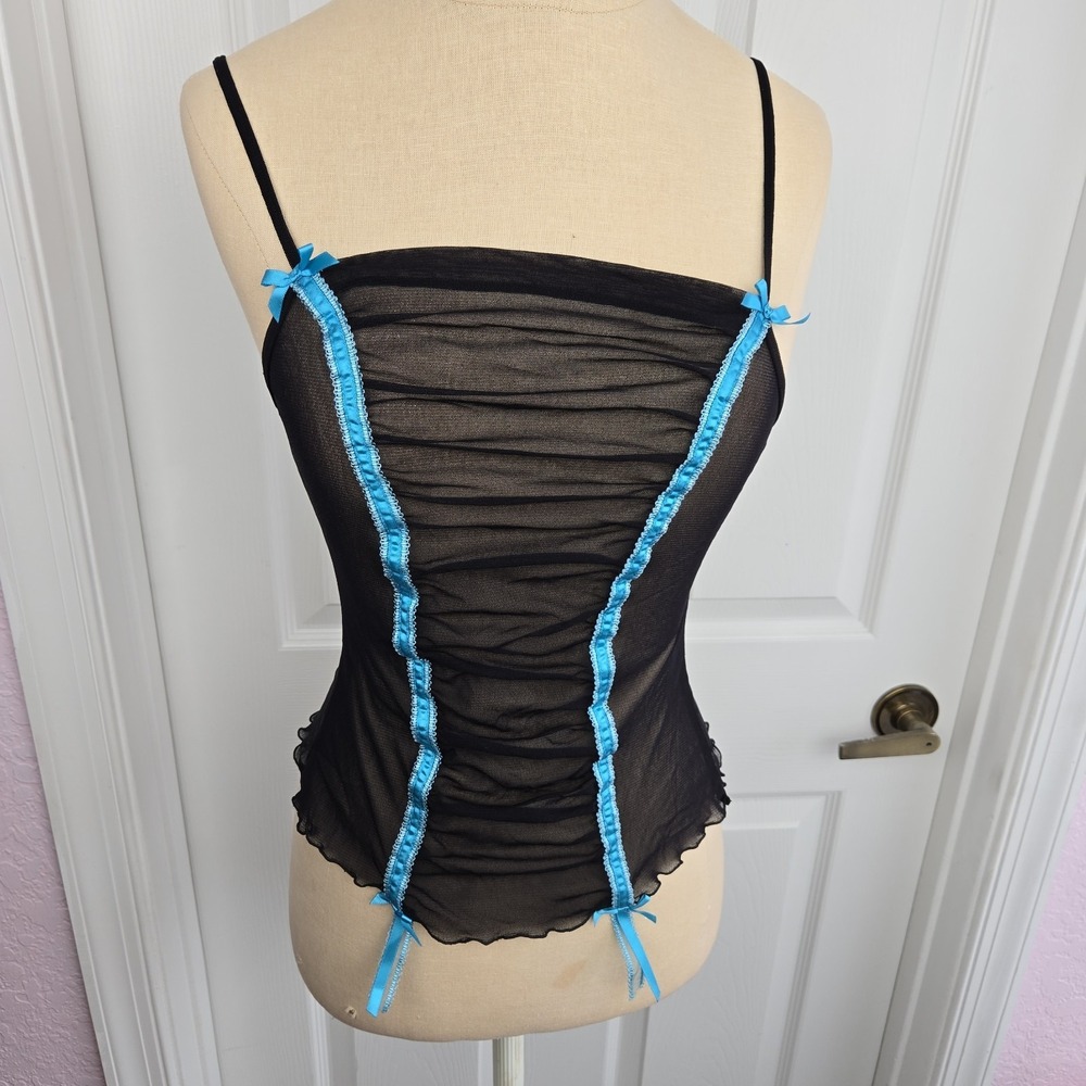 Victoria's Secret Vtg Sheer Black Mesh Ruched Cami Blue Ribbon Trim Size M
